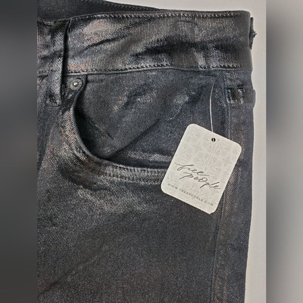 FREE PEOPLE NWT cropped black shiny denim - Picture 7 of 11